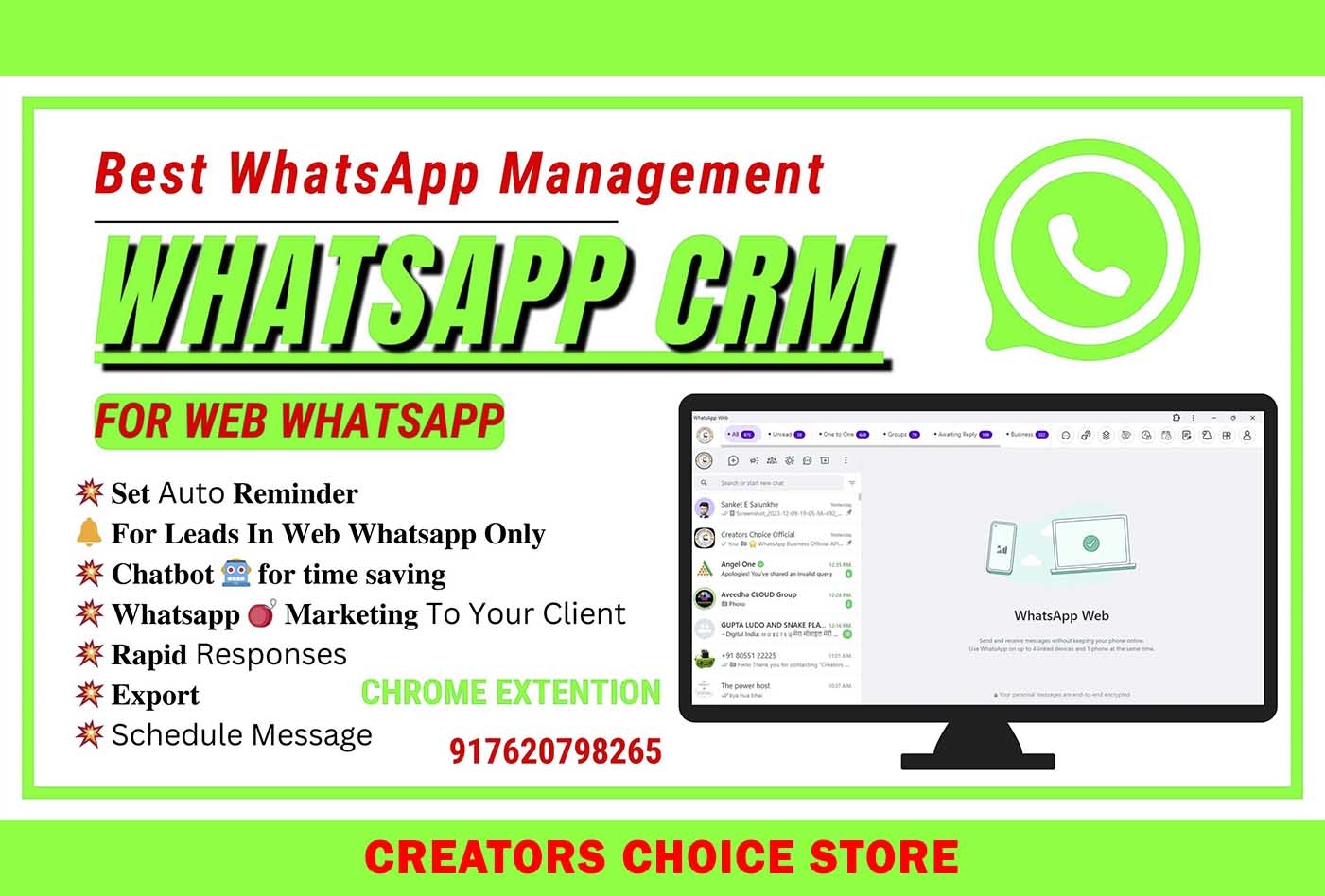 WhatsApp CRM - Auto Reminder For Leads, Bulk Message, Chatbot, Rapid Responses, Schedule